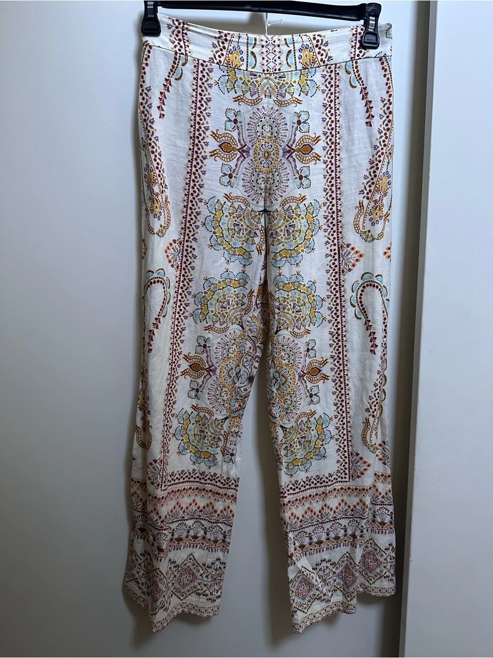 Zara Cream Floral Artistic Wide-Leg Printed Linen Cotton Pants size XS